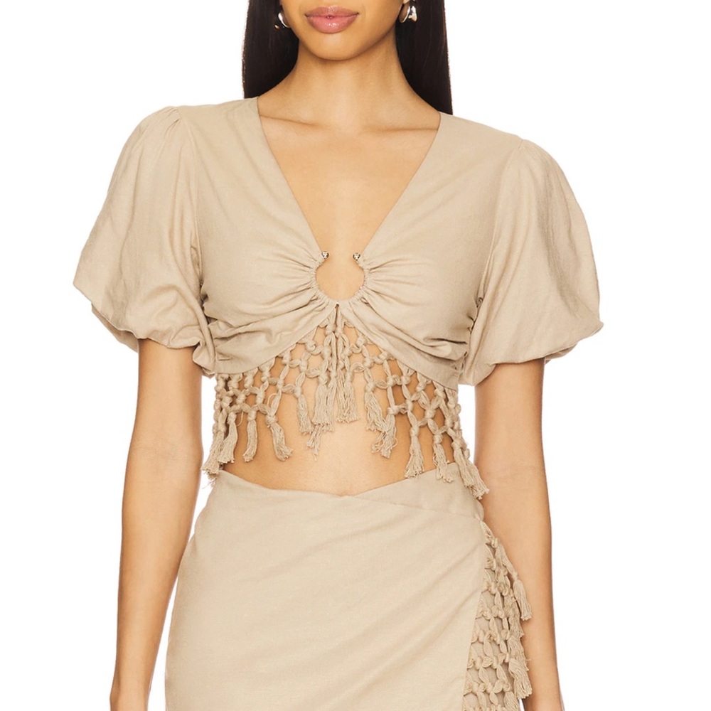 REVOLVE Beige Puff Sleeve Blouse with Tassel Hem